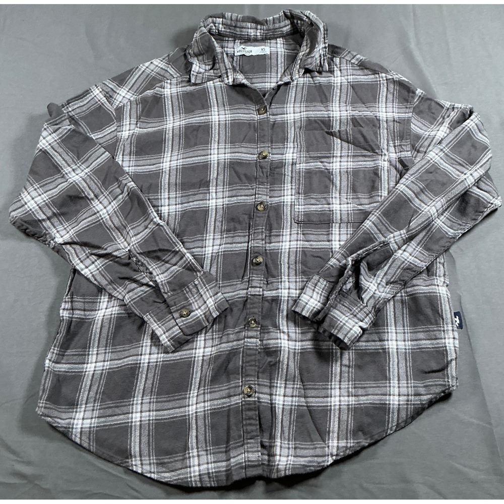Hollister Gray White Plaid Button Down Shirt XS Long Sleeve Viscose 34052241